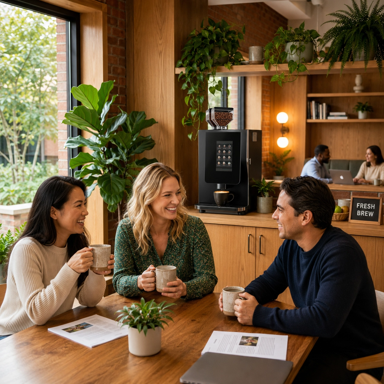 Los Angeles office breakroom with employees enjoying premium coffee service